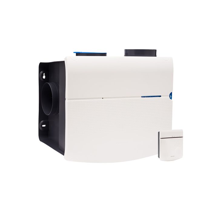 Voor/zijaanzicht van de Orcon ventilatiebox MVS-15RH CO2B - Vochtsensor en CO2-bedieningssensor - Eurostekker