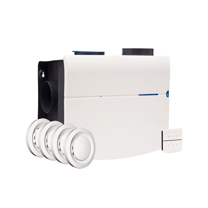 Voor/zijaanzicht van de Orcon MVS-15RHBP alles-in-1 ventilatiebox - Vochtsensor en RFT - 4 Ventielen - Euro én Perilex