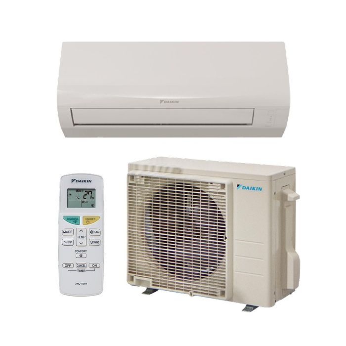 Vooraanzicht van het binnen- en buitendeel van de Daikin Sensira split unit airco 2,5kW