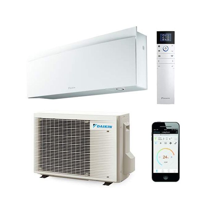 Binnen- en buitendeel van de Daikin Emura Split airco 2kW, wit binnendeel, afstandsbediening en slimme app