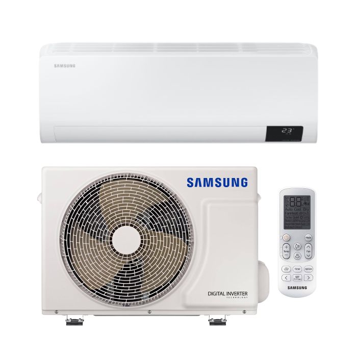 Vooraanzicht van het binnendeel, de buitenunit en de afstandsbediening van de Samsung Luzon S2 2,5kW split airco