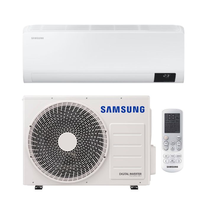 Vooraanzicht van het binnendeel, de buitenunit en de afstandsbediening van de Samsung Luzon S2 6,5kW split airco
