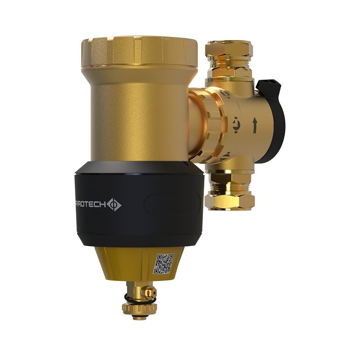 Schuinaanzicht van de Spirotech HPF vuilfilter voor warmtepompen