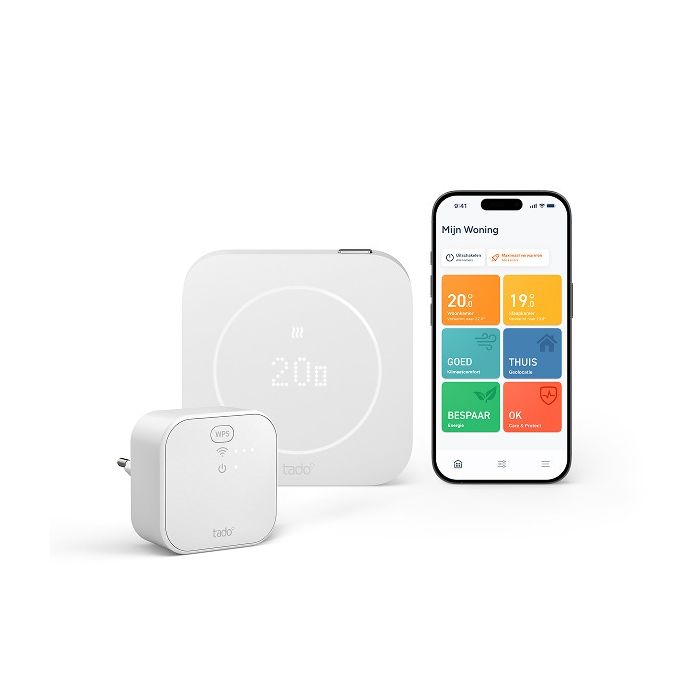 Vooraanzicht van de Tado X slimme thermostaat starterskit 2e generatie met Tado X Bridge