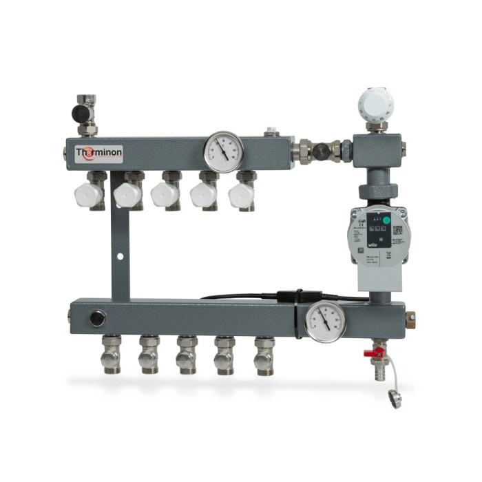 Therminon 2 groeps stalen vloerverwarmingsverdeler LTV Compact dubbel afsluitbaar + A-label pomp