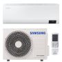 Vooraanzicht van het binnendeel, de buitenunit en de afstandsbediening van de Samsung Luzon S2 5kW split airco