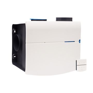 Voor/zijaanzicht van de Orcon ventilatiebox MVS-15RHBP - Vochtsensor en RFT - Perilex