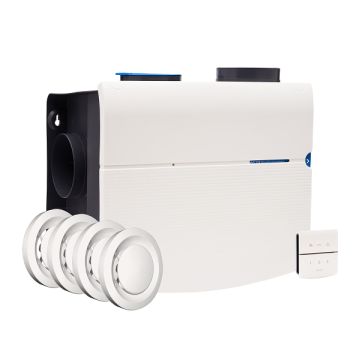 Voor/zijaanzicht van de Orcon MVS-15RHB alles-in-1 ventilatiebox - Vochtsensor en RFT - 4 Ventielen - Eurostekker
