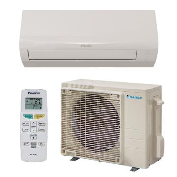 Vooraanzicht van het binnen- en buitendeel van de Daikin Sensira split unit airco 2,0kW
