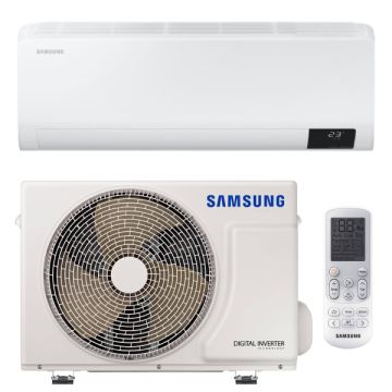 Vooraanzicht van het binnendeel, de buitenunit en de afstandsbediening van de Samsung Luzon S2 2,5kW split airco