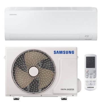 Vooraanzicht van het binnendeel, de buitenunit en de afstandsbediening van de Samsung Luzon S2 3,5kW split airco
