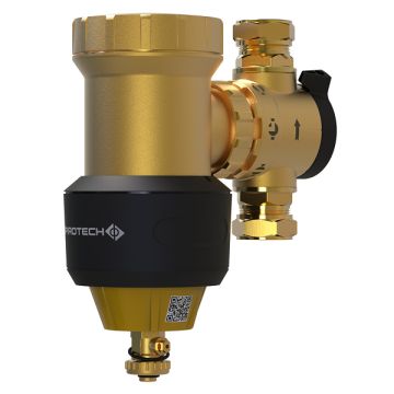 Schuinaanzicht van de Spirotech HPF vuilfilter voor warmtepompen